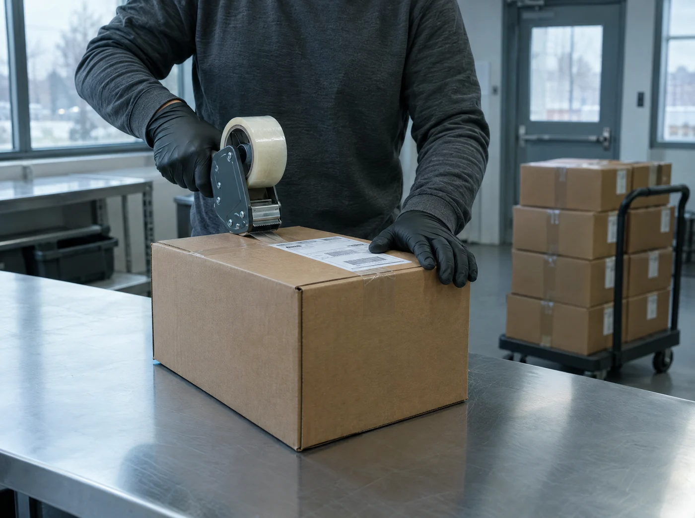 Gloved worker sealing a labeled shipping box, with a cart of boxes ready to go