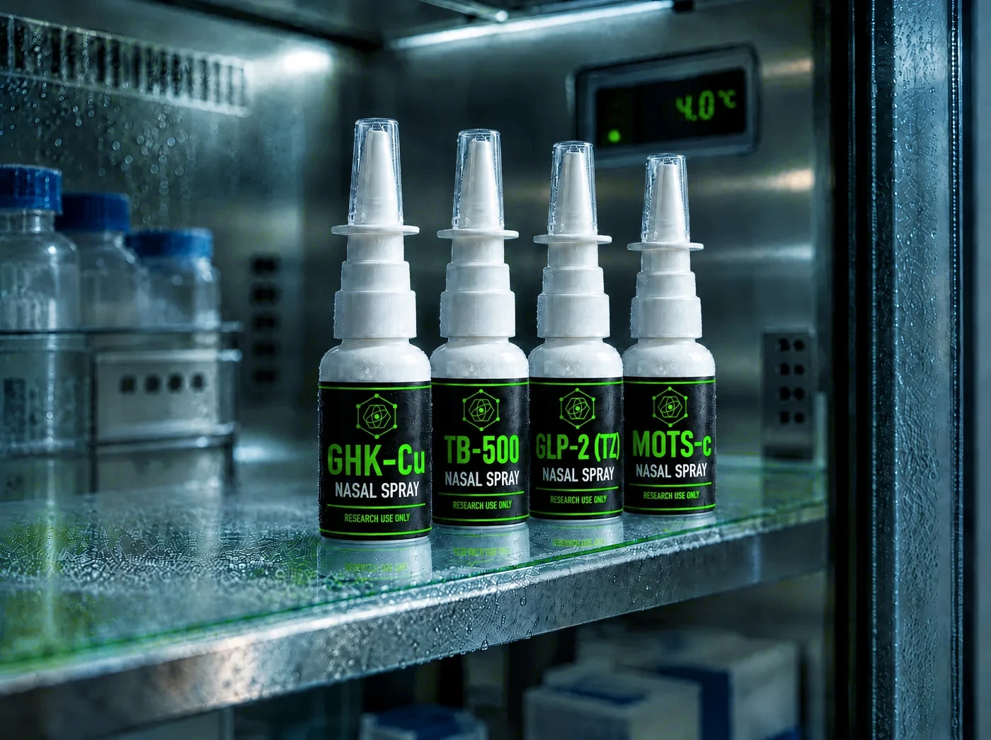 GHK-Cu, TB-500, GLP-2 TZ and MOTS-c research sprays on a cold-storage shelf